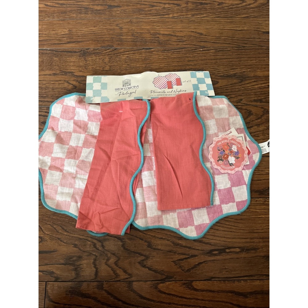 LUZOH COLLECTIVE Placemats Napkins Set of 2 Linen Portugal Gingham Coastal Pink